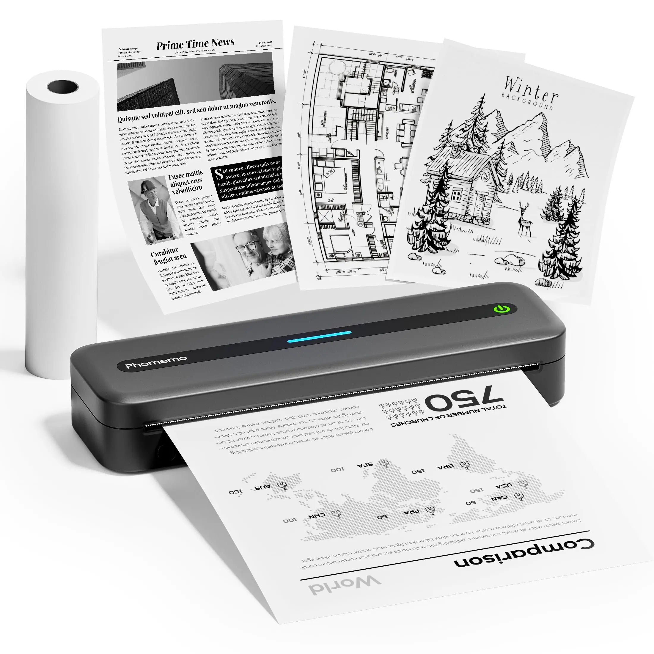 M832 Portable Printer A4 BT Printer for Travel 300Dpi Wireless Inkless Thermal Printer Use in Ios Android Phone Laptop